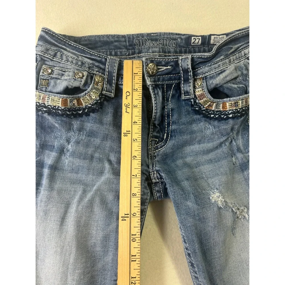 Miss Me‎ Mid Rise Skinny Jeans Light Wash Distressed Embroidered Beaded Size 27